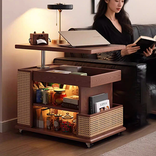 实木可移动茶几多功能可升降折叠边几推车中古风家用茶桌餐桌两用