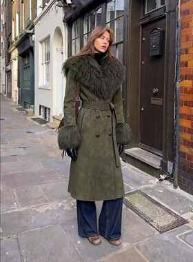 欧美风女装气质时尚仿皮草麂皮绒双排扣系带收腰风衣女中长款大衣