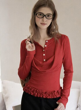 新年红色荡领假两件长袖t恤女秋冬韩系木耳边内搭打底衫修身上衣