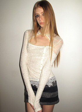 辣妹纯欲风性感镂空解构拼接蕾丝衫女2026年春季新款修身打底上衣