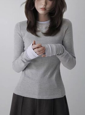 恋恋日记 韩系低饱和条纹撞色打底衫女2026AW春软糯修身针织上衣