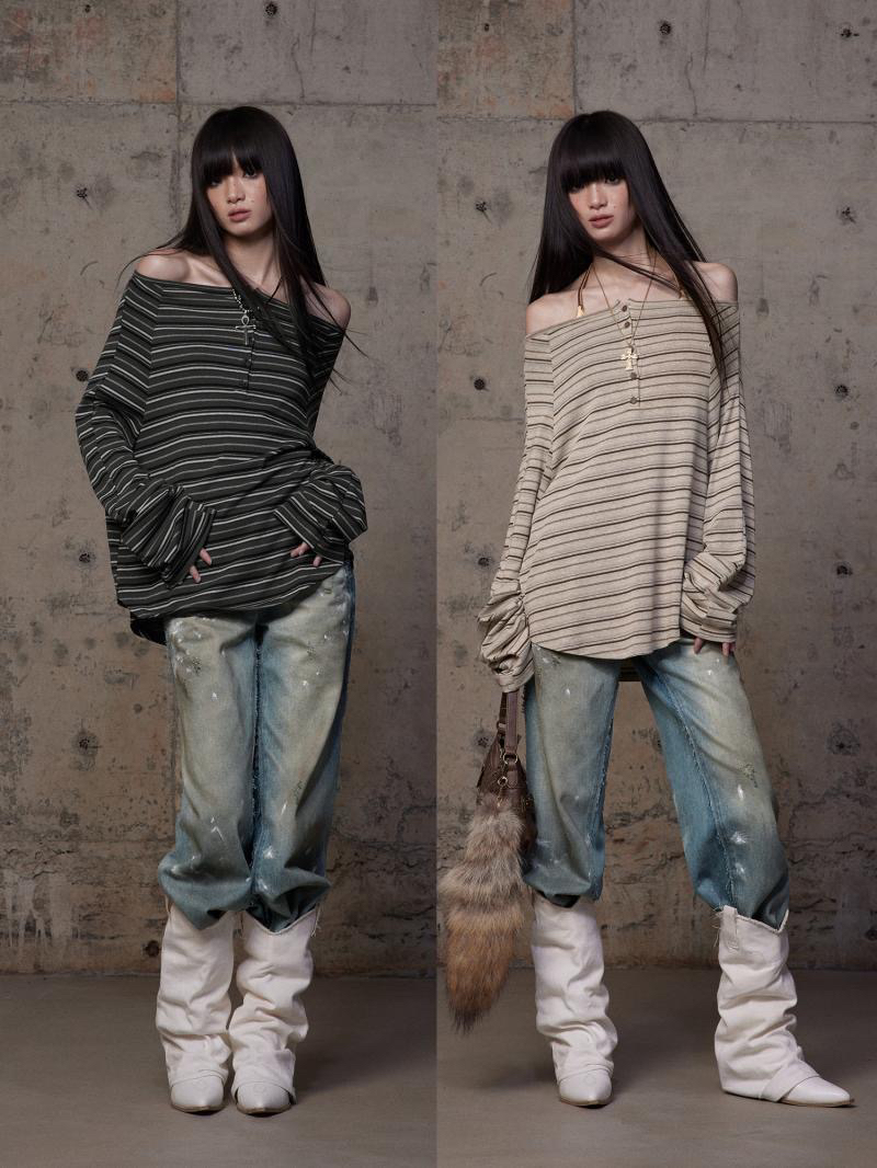 INSECTMODEL虫塑 秋季新款条纹露肩长袖显瘦宽松T恤一字肩上衣女