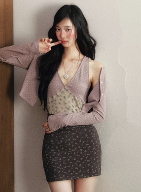 1P STUDIO 浅紫色碎花短款针织开衫+撞色碎花V领连衣裙两件套装女