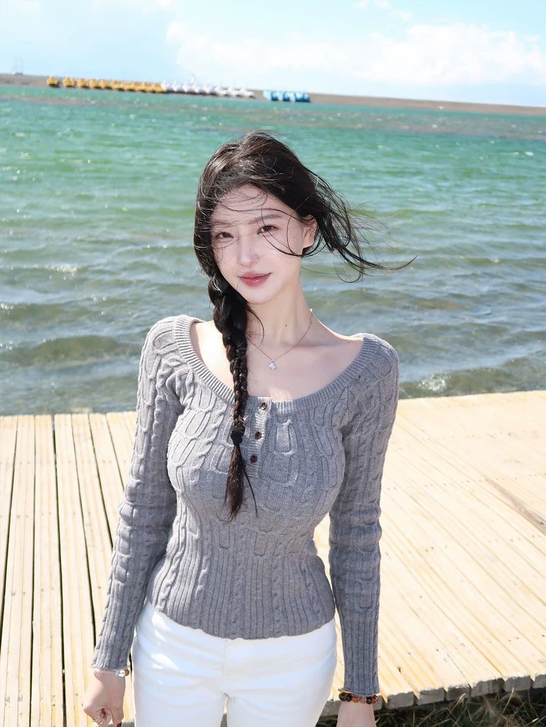 【Fart Shop】粗针麻花 斜肩/一字肩收腰显瘦秋冬露肩毛织上衣女