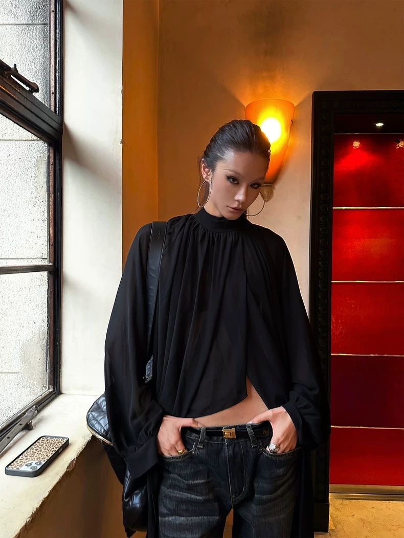 0122stepll 隐衫之欲 黑色衬衫女辣妹气质设计感小众飘带长袖上衣