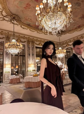 woppei  经典破缝设计蝴蝶结飘带裙优雅修身亲肤酒红色连衣裙女