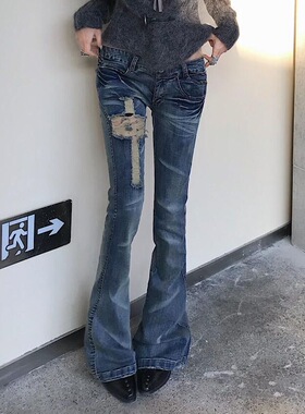 美式辣妹做旧水洗牛仔裤女春季新款复古双层口袋十字架破洞微喇裤
