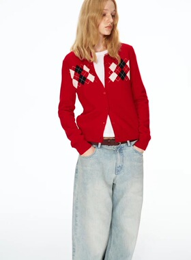 Ni8htMetro 黑色&红色100%羊毛复古菱格上衣针织开衫外套圣诞毛衣