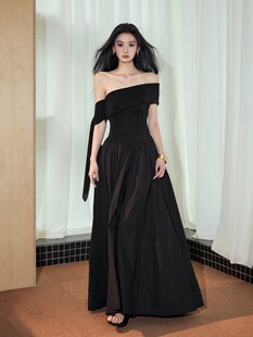 深深定制 法式赫本风一字肩飘带大裙摆连衣裙女小众设计感长裙子