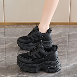 黑色鞋子女款2026新款春季网面透气运动鞋厚底内增高老爹鞋0323k