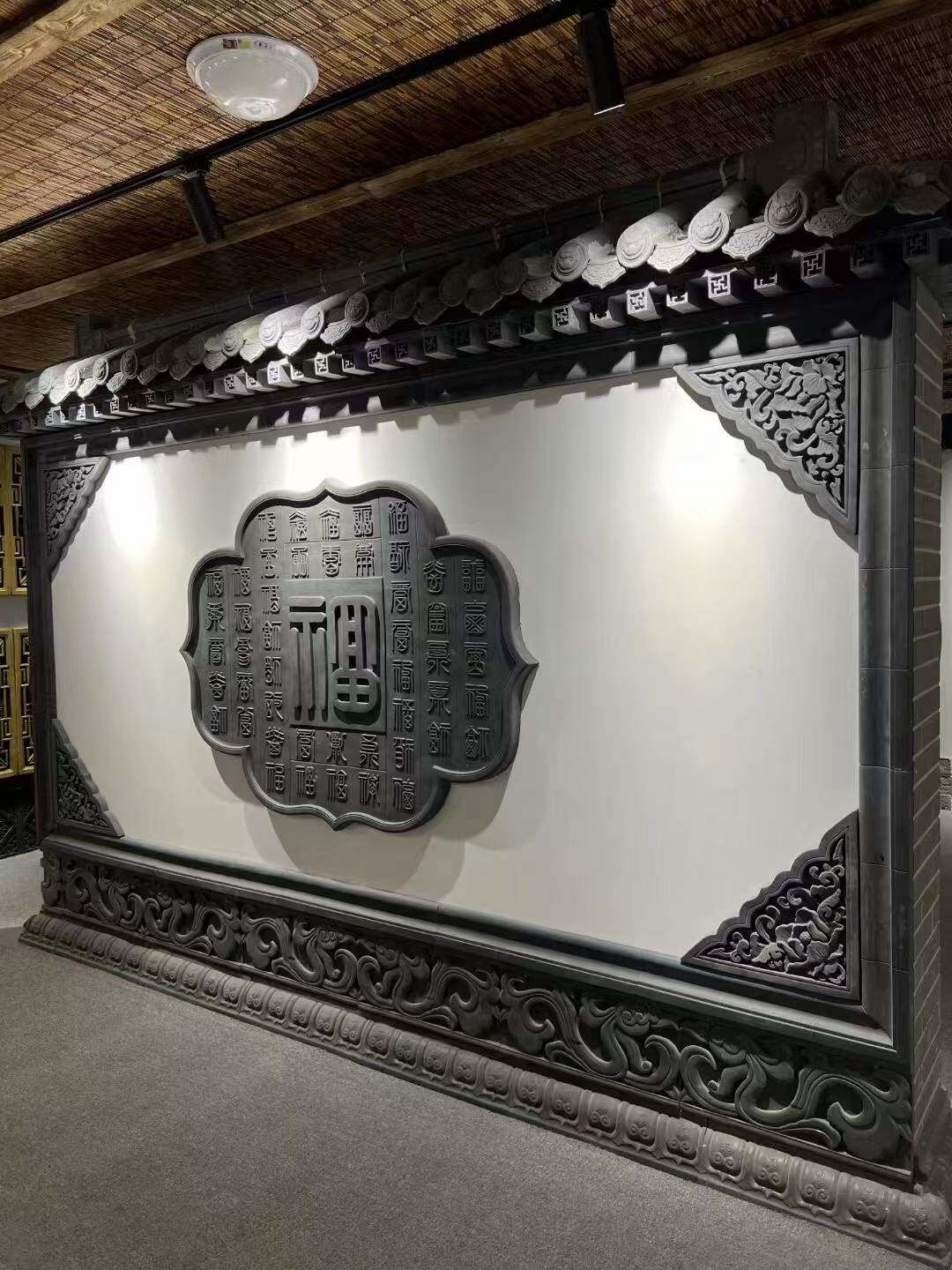 仿古砖雕福字影壁墙定制中式小院照壁浮雕室外庭院壁画精雕图顶瓦