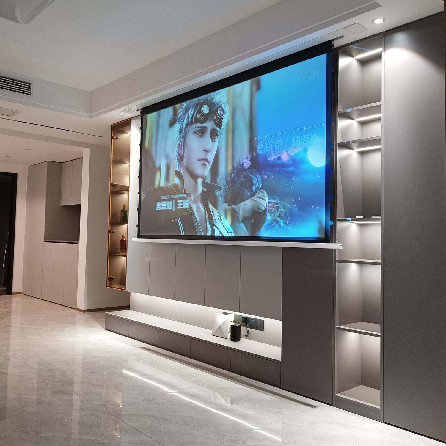 投影幕布嵌入式隐藏天花电动幕布16:9超高清智能联动升降拉线幕布