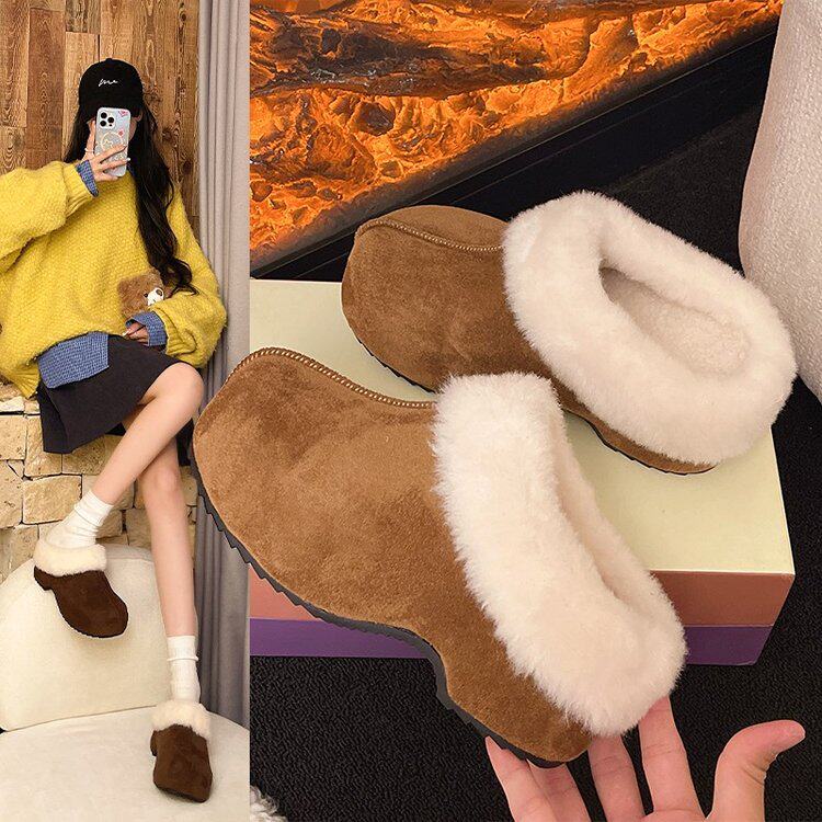 桑坡勃肯鞋磨砂皮厚底增高7cm芒果头包头半拖女冬加绒毛口勃肯懒