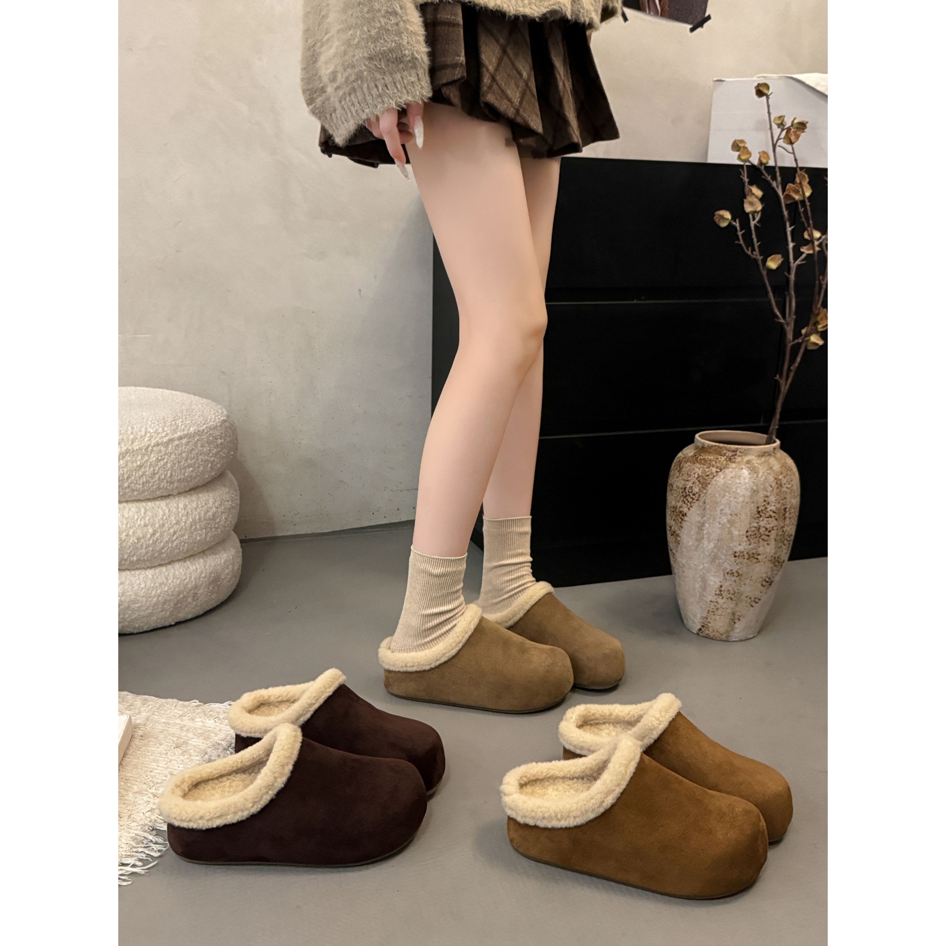 【苏茵茵】羊卷毛小土豆~6cm厚底保暖加绒毛毛包头勃肯拖鞋女半拖