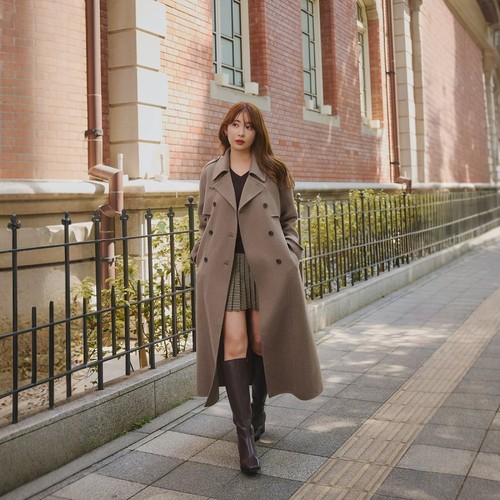 Her lip to 羊毛混纺翻领风衣 秋冬气质优雅时尚休闲大衣高级感