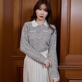 Her 甜美休闲设计感翻领日常舒适 花瓣领假两件针织上衣 lip