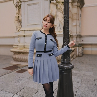 Her lip to 撞色针织百褶迷你连衣裙 撞色拼接收腰设计感法式