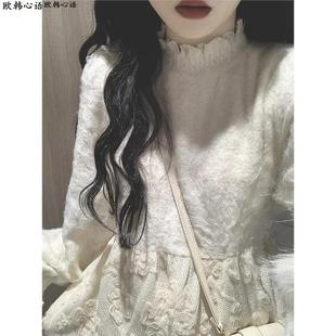 法式初恋白色加绒加厚连衣裙女秋冬气质收腰甜美仙女大衣内搭长裙