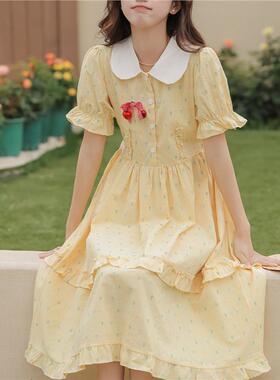 森女甜美部落奶黄色荷叶边短袖连衣裙女夏森系少女可爱学生中长裙