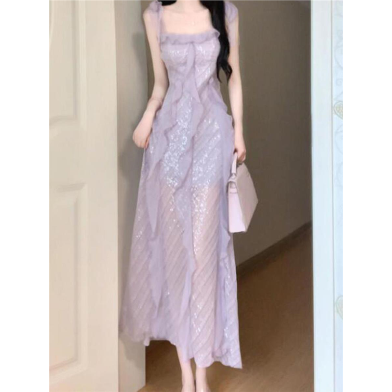 法式漂亮独特紫色吊带连衣裙女夏日多巴胺穿搭清纯掐腰绝美小裙子