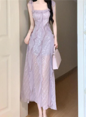 法式漂亮独特紫色吊带连衣裙女夏日多巴胺穿搭清纯掐腰绝美小裙子