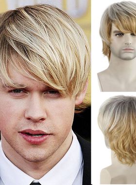 欧美金发王子假发舞台演出表演外国男人cos假毛斜刘海全头套 wig