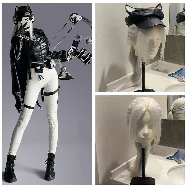 三角洲行动露娜cos假发 游戏动漫黑色银白色假毛 八字刘海中长发