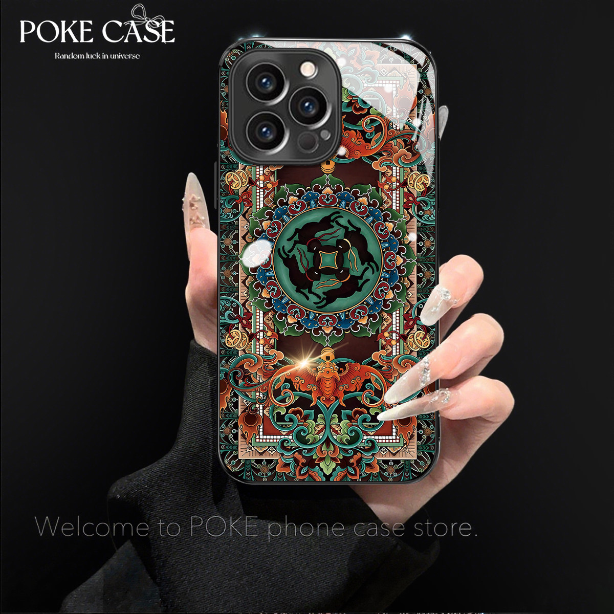 复古图腾适用苹果15pro钛灰电镀玻璃手机壳OPPOreno5国风创意vivoy100全包IQOO13华为mate60手链红米note12