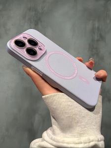 适用iphone15手机壳苹果14promax新款荔枝纹13pro带镜头膜全包12高级感气质14plus紫色Magsafe磁吸充电保护套