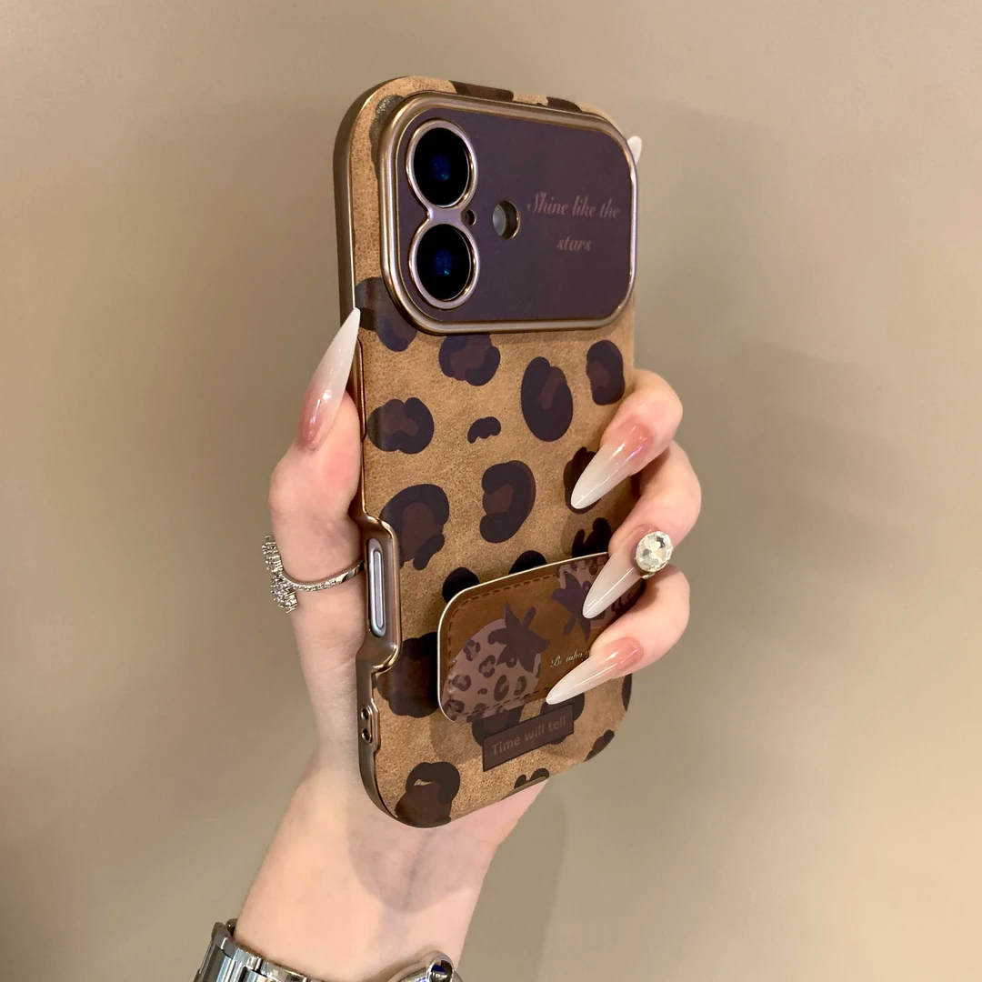 小众高级感沙漠金复古豹纹适用苹果16Pro手机壳iphone15promax大视窗碎花14pro女款13pm皮质支架防滑保护套16