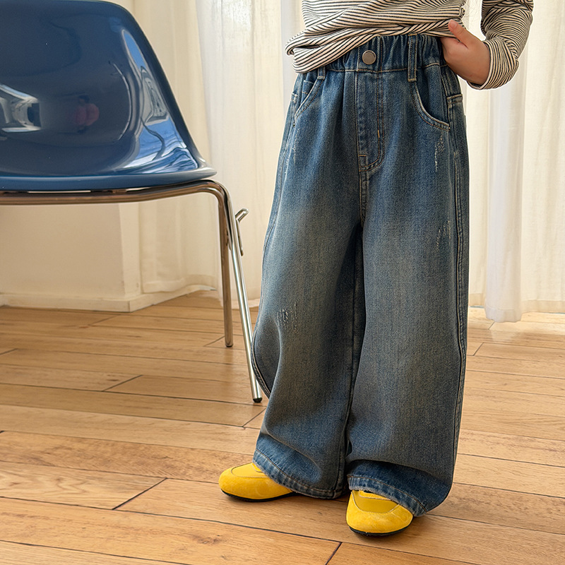 冬季新款女童加绒破洞牛仔裤