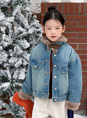 Yumi妈儿童休闲保暖加厚棉衣女童可立领毛绒翻领牛仔棉服冬25M004