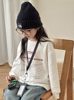 Yumi妈童装韩版女童冬季长袖儿童暖洋绒磨毛涂鸦字母打底衫25H077