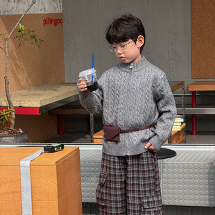 Yumi妈儿童冬绵羊绒麻花针织衫男女童加厚帅气保暖毛衣开衫25K202