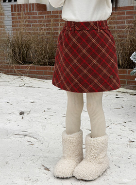 Yumi妈2025冬季女童A子短裙儿童洋气红色格纹毛呢半身裙潮25M064