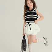 针织上衣 Yumi妈女童韩版 刺绣条纹背心儿童Polo翻领无袖 25C259