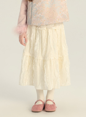 Yumi妈女童2025冬装韩版蕾丝半身裙精致百搭甜美提花长裙子25M071