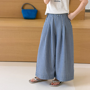 Yumi妈女童韩系宽松文艺直筒裤儿童轻薄透气竖条纹阔腿裤26C207
