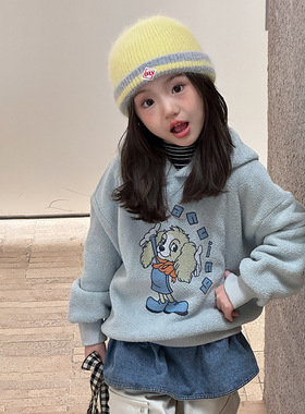 Yumi妈儿童冬季卡通可爱绒面卫衣女童加厚锁温毛绒连帽卫衣25H007
