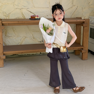 Yumi妈女童麻花针织背心儿童夏装学院风字母刺绣针织POLO领26C194