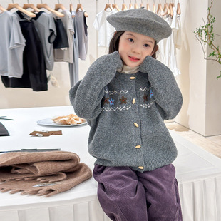 外套25G174 针织开衫 Yumi妈女童宝宝手工复古小花毛衣儿童秋季 新品