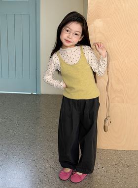 Yumi妈女童春季叠穿针织吊带背心+甜美波点内搭儿童打底衫26A219