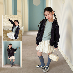 Yumi妈女童甜美可爱儿童圆点上衣法式小波点连帽卫衣外套26A042