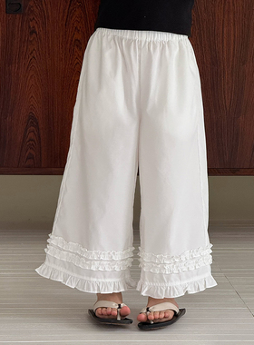 Yumi妈  中大小女童宝宝莱赛尔棉甜美花边直筒防蚊裤   25E006