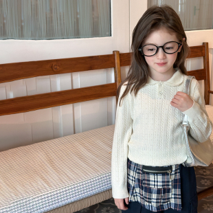 Yumi妈儿童秋装 25F075 保暖翻领针织女童气质百搭洋气绞花毛衣