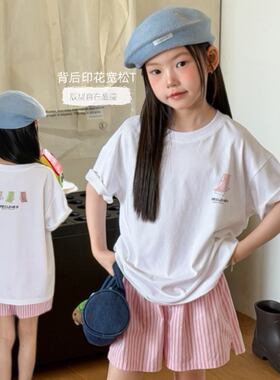 女童度假风落肩后背印花短袖T恤