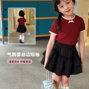 Yumi妈女童甜美立体蝴蝶结正肩T恤洋气蕾丝花边短袖 夏25D069