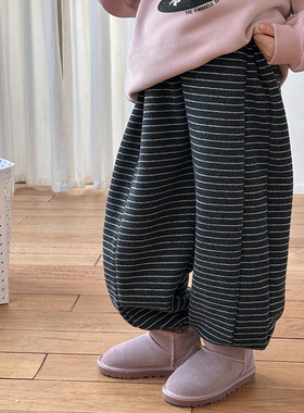 Yumi妈冬季儿童休闲百搭宽松收口裤女童保暖加绒条纹卫裤 25H013