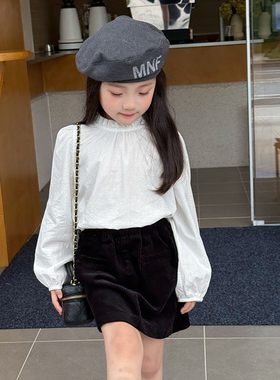 Yumi妈女童秋装内搭白色衬衣儿童花边立领提花衬衫25F007