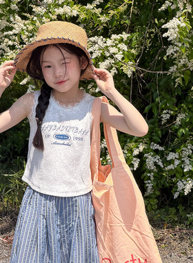 Yumi妈新品女童夏日温柔氛围儿童少女风字母蕾丝边背心上衣26C175